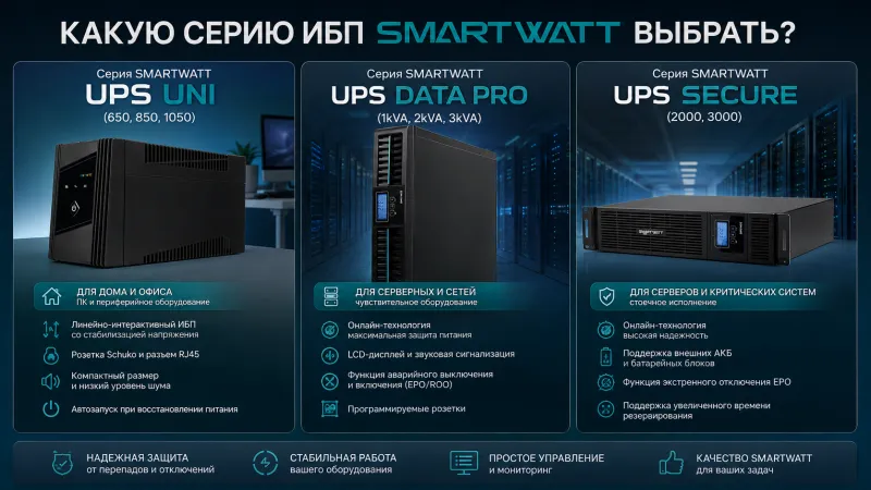 Какой ИБП SMARTWATT выбрать: сравниваем UPS UNI, DATA PRO и SECURE